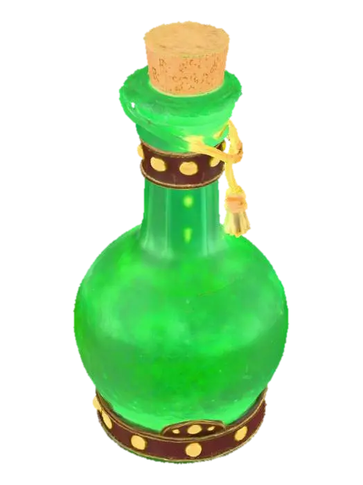 3D model for A magical fantasy potion bottle, alchemist's flask. The bottle is made of thick, bubbling translucent green glass. A cork stopper is wrapped in old leather straps and sealed with dripping gold wax. Glowing magical runes are etched onto the glass surface. Highly detailed, intricate, fantasy prop.