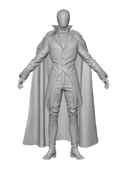 3D model for model a ultra realistic t posed headless  male aristicrat  from the 1800s era wearing weathered riding attire and tattered Cape . the headless horseman sleepy hollow . t pose. No head ..only body. bloodstained neck and chest   #villain#