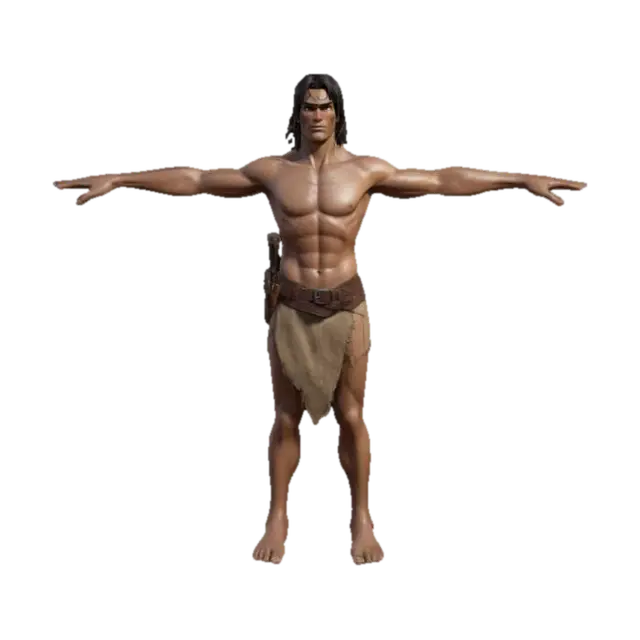 Tarzan game asset character t pose, fingers spread, tall slender muscular body,… 3D model, vytvořený pomocí AI