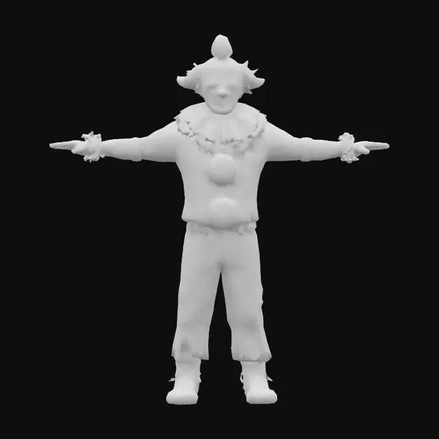 3D model for Rigor mortis the undead Clown . Dirty rotted flesh, withered stained clown outfit, sinewy zombie clown makeup . t posed game ready character