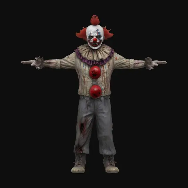 3D model for Rigor mortis the undead Clown . Dirty rotted flesh, withered stained clown outfit, sinewy zombie clown makeup . t posed game ready character