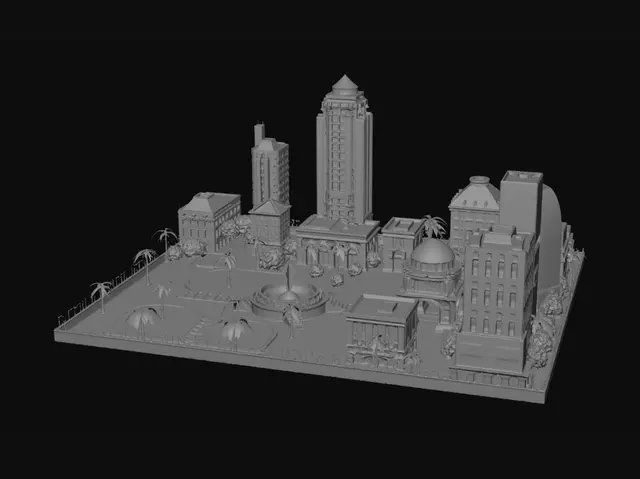 3D model for Spacious low-poly 3D diorama of a huge town square bordering a blue ocean. All separate buildings are firmly on the ground, facing the center park. 

Center: Large public park on green grass, cobblestone paths, trees, benches, central water fountain.

Around the park: Bank with stone columns, Cafe with tables, Cinema, Library, Police station, Museum, Post office, Department store, Restaurant. 

Main Feature: One giant luxury high-tech modern skyscraper with large panoramic windows and glowing blue and gold neon LED light strips towers over the town.

Background: A giant cruise liner ship floating in the ocean.

Tech: Bright sunny daylight, baked textures, vibrant toy-box colors, game-ready asset.