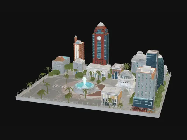 3D model for Spacious low-poly 3D diorama of a huge town square bordering a blue ocean. All separate buildings are firmly on the ground, facing the center park. 

Center: Large public park on green grass, cobblestone paths, trees, benches, central water fountain.

Around the park: Bank with stone columns, Cafe with tables, Cinema, Library, Police station, Museum, Post office, Department store, Restaurant. 

Main Feature: One giant luxury high-tech modern skyscraper with large panoramic windows and glowing blue and gold neon LED light strips towers over the town.

Background: A giant cruise liner ship floating in the ocean.

Tech: Bright sunny daylight, baked textures, vibrant toy-box colors, game-ready asset.