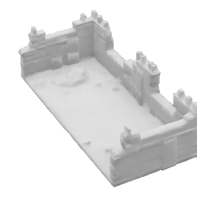 3D model for Create a hyper-realistic, high-detail dungeon that is able to be entered. This structure follows a snowy winter theme, and has icicles all over. This dungeon is a bit run down, and is massive. This structure has a massive castle like structure on top of it, that doesn’t have too much clutter. Game asset, realistic, high detail