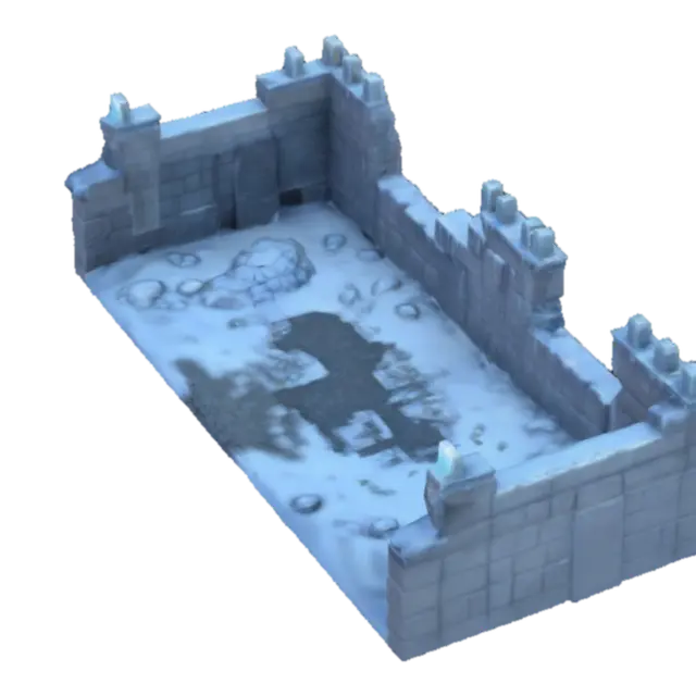 3D model for Create a hyper-realistic, high-detail dungeon that is able to be entered. This structure follows a snowy winter theme, and has icicles all over. This dungeon is a bit run down, and is massive. This structure has a massive castle like structure on top of it, that doesn’t have too much clutter. Game asset, realistic, high detail
