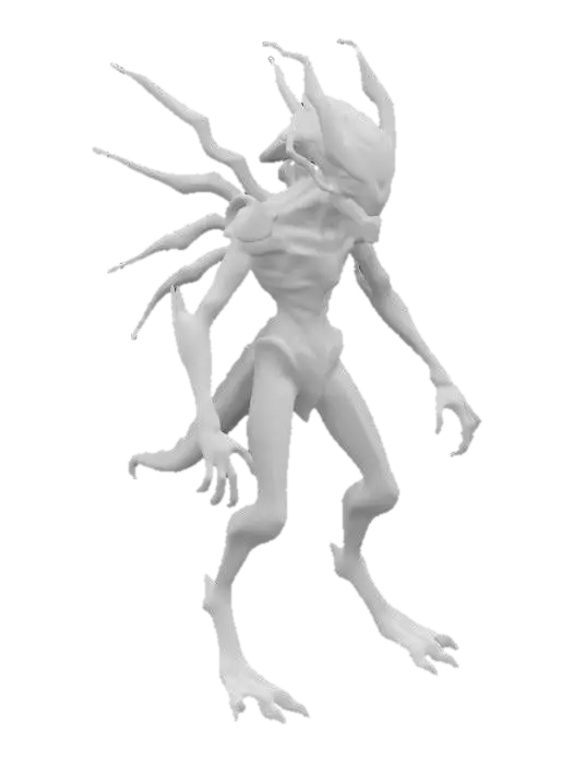 3D model for Vexal, a slender, luminescent creature with iridescent scales that shimmer like oil on water. Their elongated limbs end in graceful, dexterous fingers, while large, multifaceted eyes emit a soft, violet glow. Vexal dons a patchwork of futuristic armor, adorned with alien glyphs and sleek, biomechanical enhancements, showcasing a blend of cultures from distant worlds. Stood in a dynamic pose. use a unique and imaginative color scheme