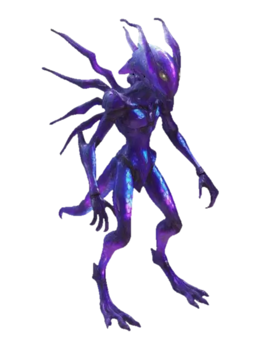 3D model for Vexal, a slender, luminescent creature with iridescent scales that shimmer like oil on water. Their elongated limbs end in graceful, dexterous fingers, while large, multifaceted eyes emit a soft, violet glow. Vexal dons a patchwork of futuristic armor, adorned with alien glyphs and sleek, biomechanical enhancements, showcasing a blend of cultures from distant worlds. Stood in a dynamic pose. use a unique and imaginative color scheme