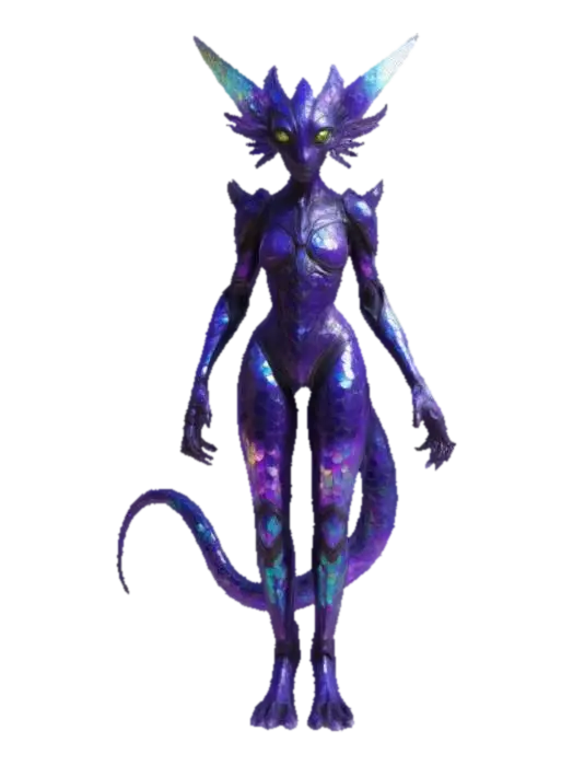 3D model for Vexal, a slender, luminescent creature with iridescent scales that shimmer like oil on water. Their elongated limbs end in graceful, dexterous fingers, while large, multifaceted eyes emit a soft, violet glow. Vexal dons a patchwork of futuristic armor, adorned with alien glyphs and sleek, biomechanical enhancements, showcasing a blend of cultures from distant worlds. Stood in a dynamic pose. use a unique and imaginative color scheme