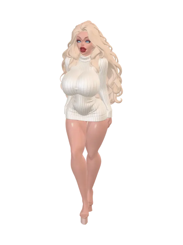 Curvy Blonde in a Cream Knit Sweater 3D model, vytvořený pomocí AI