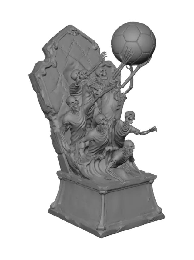 3D model for Create an undead world cup tombstone trophy. It should be adorned with bones, eyeballs, and a horde of undead holding up a soccer ball like the iconic d-day flag statue. The material should be a stitched together emaciated carapace. The trophy should not be centered, but slightly asymmetrical, with the ball at the top leading edge, and the undead should really be reaching with zeal and appear as a dramatic crashing wave. Also, the undead should be wearing tattered and torn team jerseys. The ball should be slightly misshapen like an old bladder ball. The tombstone inscription should read something like no guts no glory. The ball is defended by a grim reaper goalie