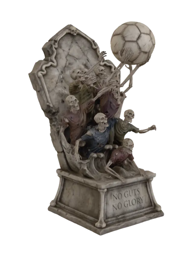 3D model for Create an undead world cup tombstone trophy. It should be adorned with bones, eyeballs, and a horde of undead holding up a soccer ball like the iconic d-day flag statue. The material should be a stitched together emaciated carapace. The trophy should not be centered, but slightly asymmetrical, with the ball at the top leading edge, and the undead should really be reaching with zeal and appear as a dramatic crashing wave. Also, the undead should be wearing tattered and torn team jerseys. The ball should be slightly misshapen like an old bladder ball. The tombstone inscription should read something like no guts no glory. The ball is defended by a grim reaper goalie