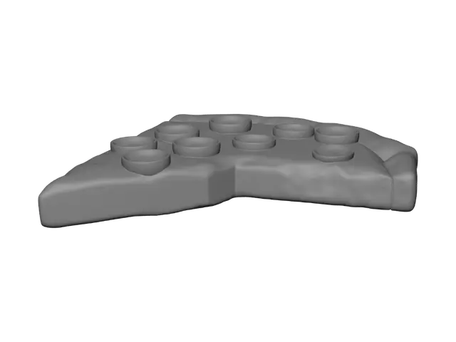 3D model for make a pepperoni pizza slice magnet that can print in two parts. One part is the crust which has a hidden hole for a circular magnet and the second part is the cheese with pepperonis sitting on top. Make the two parts snap together. Both pieces should be triangles like a slice of pizza. The cheese should snap on top of the crust and hide the hole for the magnet