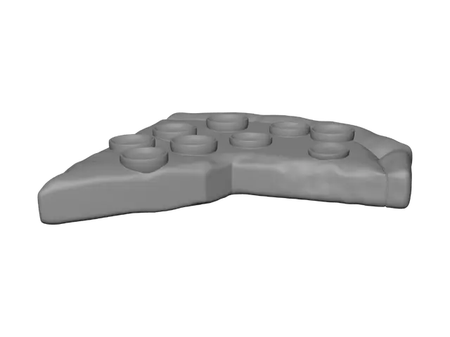 3D model for make a pepperoni pizza slice magnet that can print in two parts. One part is the crust which has a hidden hole for a circular magnet and the second part is the cheese with pepperonis sitting on top. Make the two parts snap together. Both pieces should be triangles like a slice of pizza. The cheese should snap on top of the crust and hide the hole for the magnet