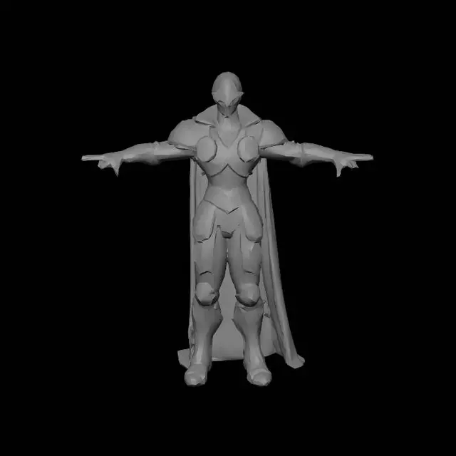 3D model for Dark knight commander, obsidian black armor with glowing red runes, tattered crimson cape, cinematic fantasy style, holding a heavy war hammer, intimidating presence, humanoid, T-pose, low poly for mobile optimization, highly detailed textures.