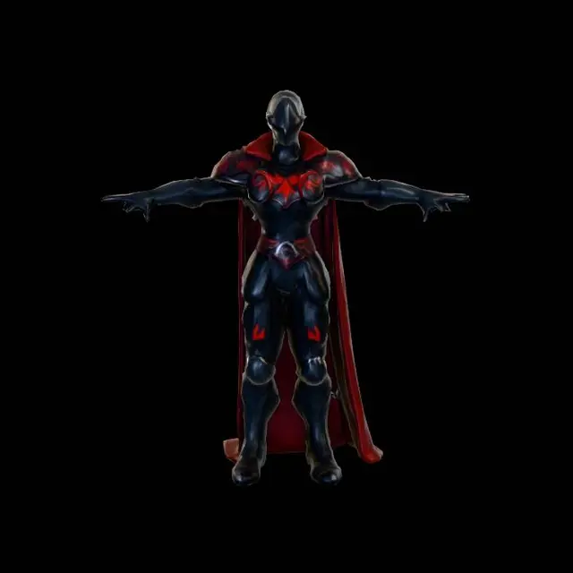 3D model for Dark knight commander, obsidian black armor with glowing red runes, tattered crimson cape, cinematic fantasy style, holding a heavy war hammer, intimidating presence, humanoid, T-pose, low poly for mobile optimization, highly detailed textures.