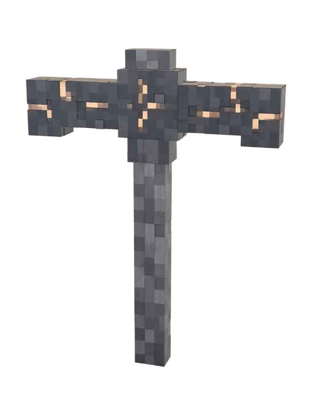 A Minecraft-style 3D voxel render of a netherite pickaxe 3D model, vytvořený pomocí AI
