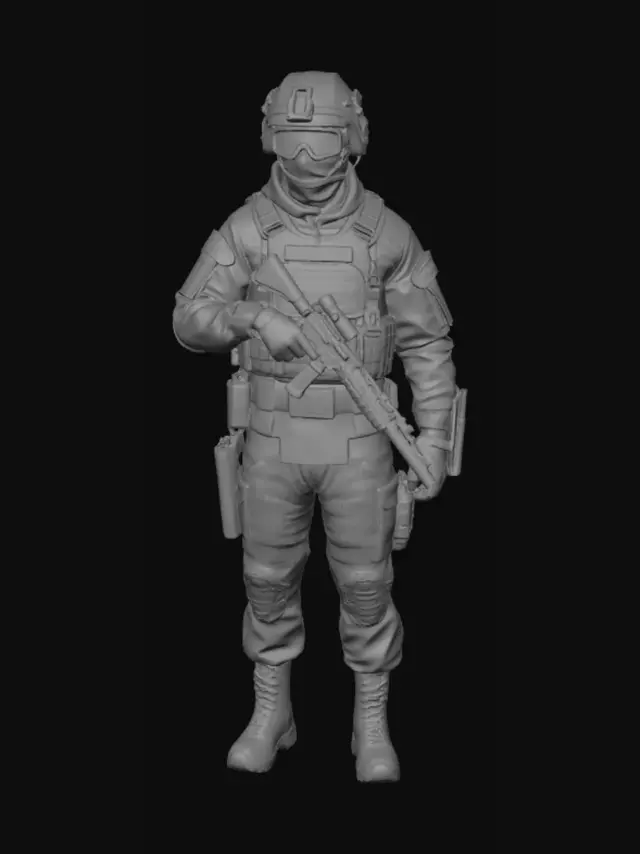 3D model for 3D game asset, stylized low poly soldier, full body, A-pose. Sharp faceting, flat shading, no smooth normals. Geometric angular silhouette, visible polygonal topology. Military green, olive, dark grey palette. Modern tactical helmet with NVG mount, dark low-poly ballistic goggles, black balaclava covering face. Detailed plate carrier vest with MOLLE system, ammo pouches, tactical radio with antenna, backpack, combat belt with canteen. Camouflage pattern formed by distinct polygonal color blocks. Faceted knee pads, dark combat gloves, laced military boots. Clean studio lighting, solid white background, high contrast shadows on facets. Optimized for mobile mobile game, shooter aesthetic, clean topology, detailed geometry
Very stylized low-poly style