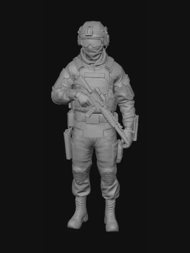 3D model for 3D game asset, stylized low poly soldier, full body, A-pose. Sharp faceting, flat shading, no smooth normals. Geometric angular silhouette, visible polygonal topology. Military green, olive, dark grey palette. Modern tactical helmet with NVG mount, dark low-poly ballistic goggles, black balaclava covering face. Detailed plate carrier vest with MOLLE system, ammo pouches, tactical radio with antenna, backpack, combat belt with canteen. Camouflage pattern formed by distinct polygonal color blocks. Faceted knee pads, dark combat gloves, laced military boots. Clean studio lighting, solid white background, high contrast shadows on facets. Optimized for mobile mobile game, shooter aesthetic, clean topology, detailed geometry
Very stylized low-poly style