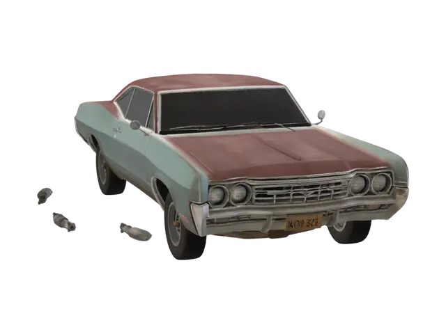 3D model for 67 impala completamente dañado, llantas sin aire, partes quemadas, mucho oxido, pintura azul claro corrosionada por el oxido, vidrios rotos, sin una puerta, sin capo, sin una llanta, partes drifeadas