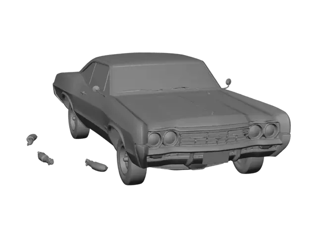 3D model for 67 impala completamente dañado, llantas sin aire, partes quemadas, mucho oxido, pintura azul claro corrosionada por el oxido, vidrios rotos, sin una puerta, sin capo, sin una llanta, partes drifeadas
