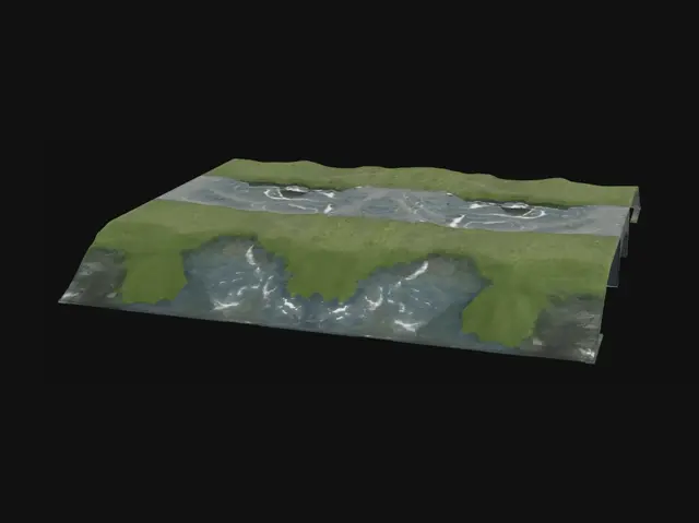 3D model for I want a long river with water texture, normal waves and currents, some greenery and stones next to it