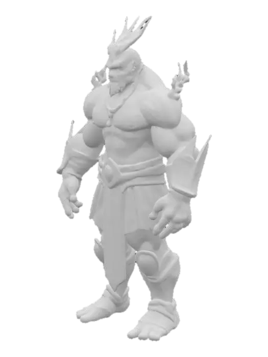 3D model for A powerful humanoid stone warrior stands in a heroic pose, displaying a robust, muscular build. His body is composed of green and grey rocky skin, intricately detailed with rough, weathered textures. Polished, ancient jade ornaments are embedded into his stony form, complementing his angular structure. Swirling mystical energy glows around his armored forearms and shoulders, adding an ethereal yet formidable presence. The entire figure feels unyielding and solid, embodying raw, ancient power.