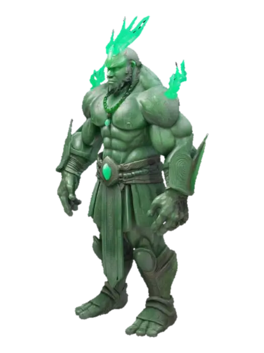 3D model for A powerful humanoid stone warrior stands in a heroic pose, displaying a robust, muscular build. His body is composed of green and grey rocky skin, intricately detailed with rough, weathered textures. Polished, ancient jade ornaments are embedded into his stony form, complementing his angular structure. Swirling mystical energy glows around his armored forearms and shoulders, adding an ethereal yet formidable presence. The entire figure feels unyielding and solid, embodying raw, ancient power.