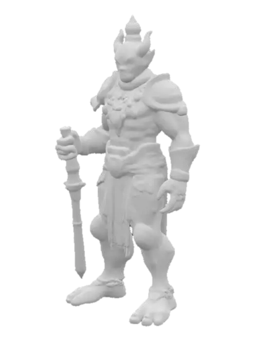 3D model for A powerful humanoid stone warrior stands in a heroic pose, displaying a robust, muscular build. His body is composed of green and grey rocky skin, intricately detailed with rough, weathered textures. Polished, ancient jade ornaments are embedded into his stony form, complementing his angular structure. Swirling mystical energy glows around his armored forearms and shoulders, adding an ethereal yet formidable presence. The entire figure feels unyielding and solid, embodying raw, ancient power.