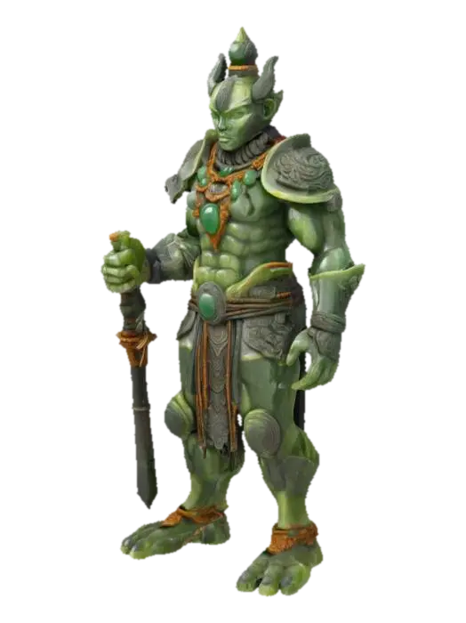 3D model for A powerful humanoid stone warrior stands in a heroic pose, displaying a robust, muscular build. His body is composed of green and grey rocky skin, intricately detailed with rough, weathered textures. Polished, ancient jade ornaments are embedded into his stony form, complementing his angular structure. Swirling mystical energy glows around his armored forearms and shoulders, adding an ethereal yet formidable presence. The entire figure feels unyielding and solid, embodying raw, ancient power.