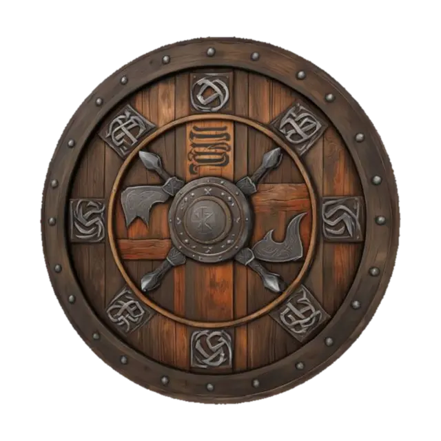 Viking shield wall decor, round wooden shield with metal rim and Norse symbols,… 3D model, vytvořený pomocí AI