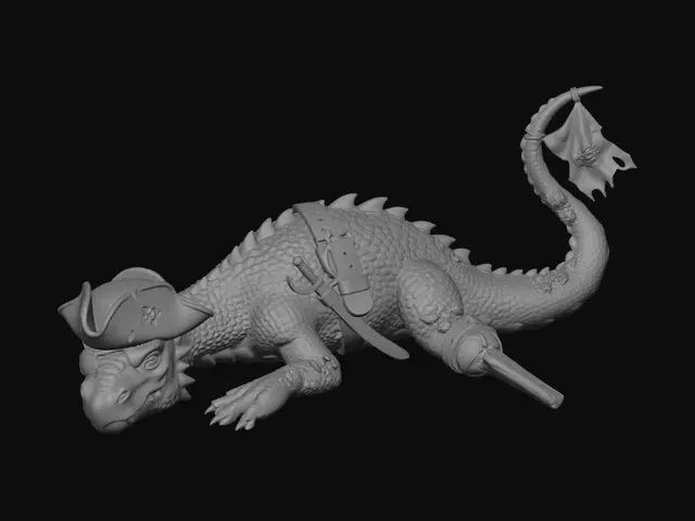 3D model for Resting flat on the ground pirate dragon. Wearing a pirate hat and a rear peg leg. He has an eye patch over his eye and a belt with a saber on it.  The tip of his tail has been replaced with a pirate flag.