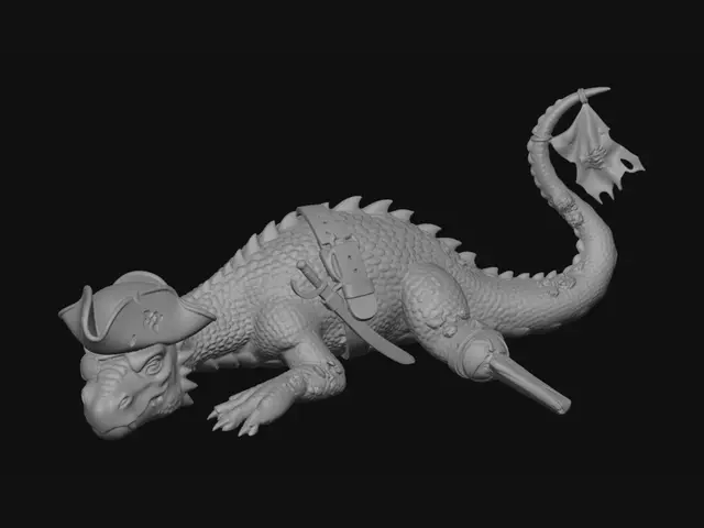3D model for Resting flat on the ground pirate dragon. Wearing a pirate hat and a rear peg leg. He has an eye patch over his eye and a belt with a saber on it.  The tip of his tail has been replaced with a pirate flag.