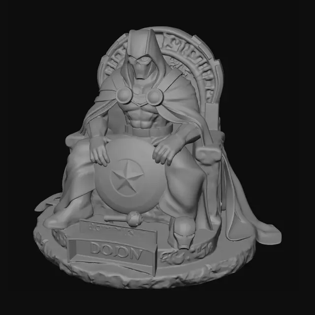 3D model for 3D model diorama of Doctor Doom seated on a gothic stone throne, as seen in 3a434046f3240aea95a4344b3978fcabd684547f.jpg. Features brushed steel armor, metallic mask, and textured forest-green hooded cloak. The throne sits on a circular weathered stone base with moss patches. Base includes a damaged Captain America shield, Thor's hammer, and an Iron Man helmet among rubble. Front nameplate reads "DOCTOR DOOM". Realistic collectible statue style with studio lighting.