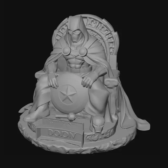 3D model for 3D model diorama of Doctor Doom seated on a gothic stone throne, as seen in 3a434046f3240aea95a4344b3978fcabd684547f.jpg. Features brushed steel armor, metallic mask, and textured forest-green hooded cloak. The throne sits on a circular weathered stone base with moss patches. Base includes a damaged Captain America shield, Thor's hammer, and an Iron Man helmet among rubble. Front nameplate reads "DOCTOR DOOM". Realistic collectible statue style with studio lighting.