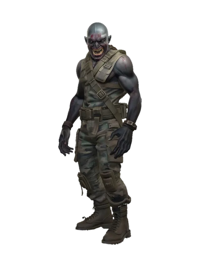 A human mature soldier turned into a monster. Scary face and hands. Beefy. Bloody… - Villian 3D model, vytvořený pomocí AI