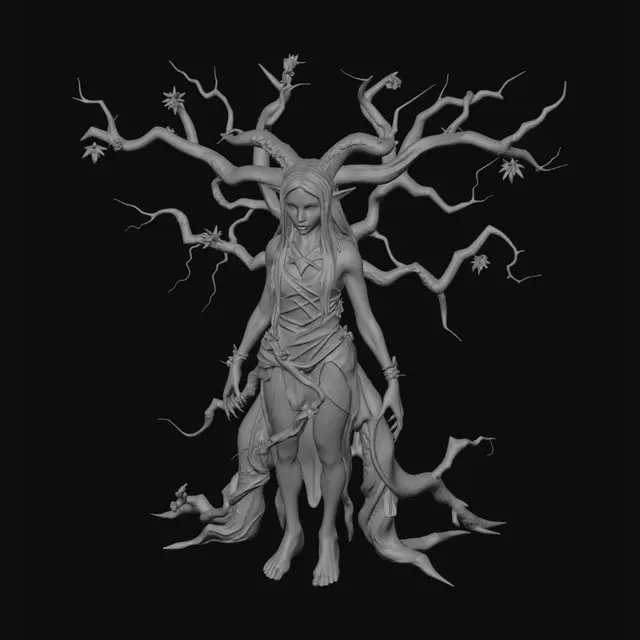 3D model for Realistic dark fantasy spriggan, inspired by Skyrim spriggans and ancient forest spirits, female humanoid silhouette, body formed from twisted oak roots and cracked bark, glowing amber eyes, moss, vines, thorn-covered limbs, asymmetrical natural growth, realistic proportions, highly detailed sculpt, game-ready topology, PBR materials, photorealistic, neutral A-pose, full body with not so humanoid roots for limbs, 3D character model, high-resolution geometry, fantasy RPG creature, Unreal Engine quality.