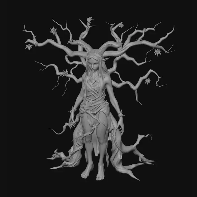 3D model for Realistic dark fantasy spriggan, inspired by Skyrim spriggans and ancient forest spirits, female humanoid silhouette, body formed from twisted oak roots and cracked bark, glowing amber eyes, moss, vines, thorn-covered limbs, asymmetrical natural growth, realistic proportions, highly detailed sculpt, game-ready topology, PBR materials, photorealistic, neutral A-pose, full body with not so humanoid roots for limbs, 3D character model, high-resolution geometry, fantasy RPG creature, Unreal Engine quality.