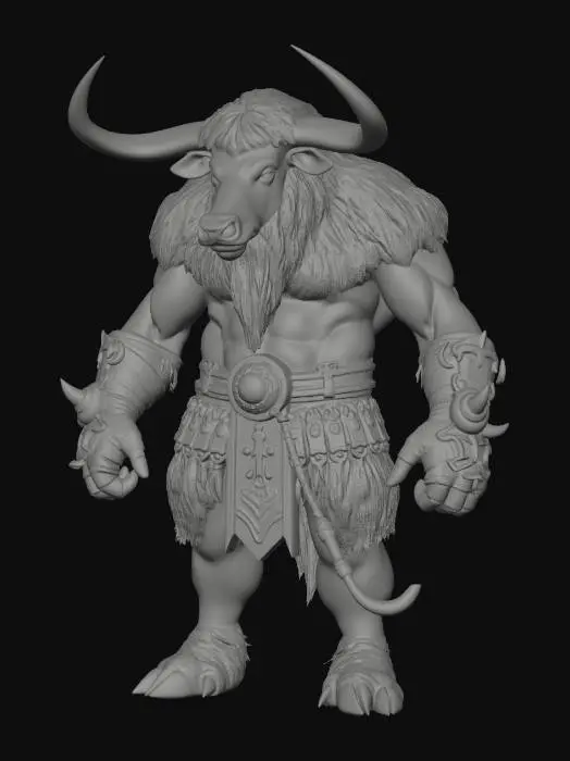 3D model for Shankar the Minotaur, massive humanoid bull creature, huge muscular body, large bull head with long curved horns, dark brown fur covering arms and legs, human-like torso with thick muscles, hooves instead of feet, wearing leather gladiator loincloth and metal wrist bracers, imposing fantasy arena fighter, full body, T-pose, standalone character, no background, photorealistic, game character style