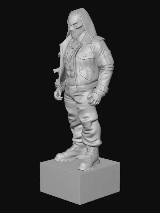 3D model for Detailed collectible vinyl figure of MF DOOM, the hip-hop artist. Realistic proportions, not chibi — roughly 7-head-tall adult male body. Iconic brushed silver metallic DOOM mask covering entire face, rectangular eye slits with visible 
  ▎ rivet details around edges, slight weathered patina on the metal. Rich brown skin visible at neck and hands. Dark forest green military-style hooded jacket, hood resting down on shoulders, fabric folds and creases visible. Heavy gold Cuban 
  ▎ link chain around neck catching light. Baggy dark indigo denim jeans with subtle wrinkle detail. Classic wheat-colored Timberland 6-inch boots with tan nubuck texture and brown rubber sole. Arms relaxed at sides, confident stance, slight   
  ▎ lean. Standing on a small circular matte black display pedestal. High