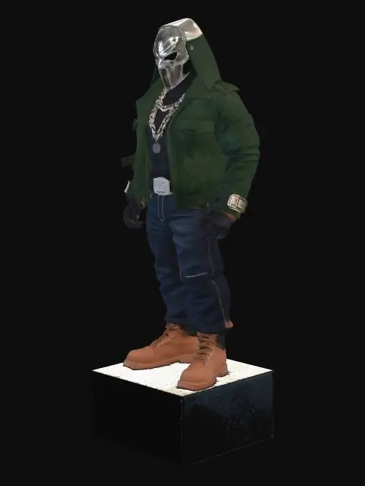 3D model for Detailed collectible vinyl figure of MF DOOM, the hip-hop artist. Realistic proportions, not chibi — roughly 7-head-tall adult male body. Iconic brushed silver metallic DOOM mask covering entire face, rectangular eye slits with visible 
  ▎ rivet details around edges, slight weathered patina on the metal. Rich brown skin visible at neck and hands. Dark forest green military-style hooded jacket, hood resting down on shoulders, fabric folds and creases visible. Heavy gold Cuban 
  ▎ link chain around neck catching light. Baggy dark indigo denim jeans with subtle wrinkle detail. Classic wheat-colored Timberland 6-inch boots with tan nubuck texture and brown rubber sole. Arms relaxed at sides, confident stance, slight   
  ▎ lean. Standing on a small circular matte black display pedestal. High