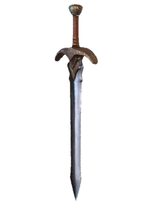 3D model for Low-poly game asset of a medieval sword, featuring glowing runes and a worn leather grip. Made of scratched metal with hand-painted textures. Optimized mesh, Symmetrical. (negative: no background, not photorealistic, no base)