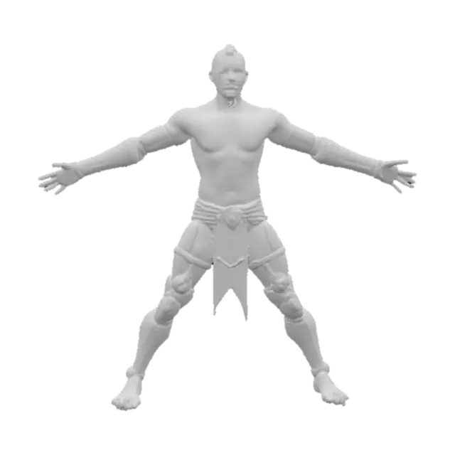 3D model for Realistic Fantasy design of an armored warrior, with a towering muscular build. Key characteristics are glowing tribal tattoos and a cybernetic arm enhancement. Presented in a dynamic action pose. Clad in battle-scarred plate armor. Highly detailed concept art. (negative: no background, no helmet, generic facial features)