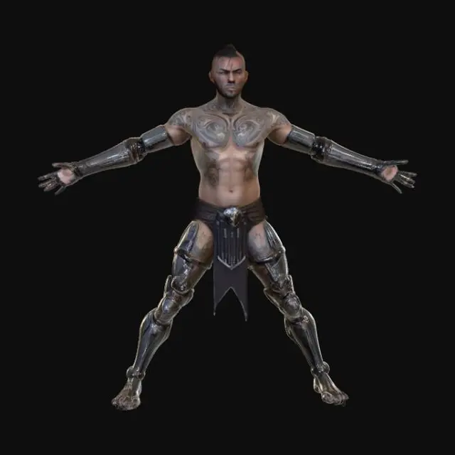 3D model for Realistic Fantasy design of an armored warrior, with a towering muscular build. Key characteristics are glowing tribal tattoos and a cybernetic arm enhancement. Presented in a dynamic action pose. Clad in battle-scarred plate armor. Highly detailed concept art. (negative: no background, no helmet, generic facial features)