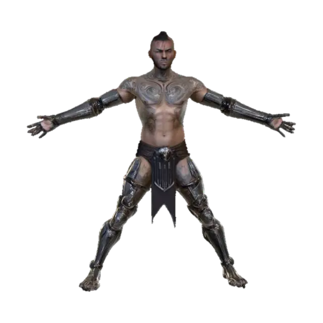 3D model for Realistic Fantasy design of an armored warrior, with a towering muscular build. Key characteristics are glowing tribal tattoos and a cybernetic arm enhancement. Presented in a dynamic action pose. Clad in battle-scarred plate armor. Highly detailed concept art. (negative: no background, no helmet, generic facial features)