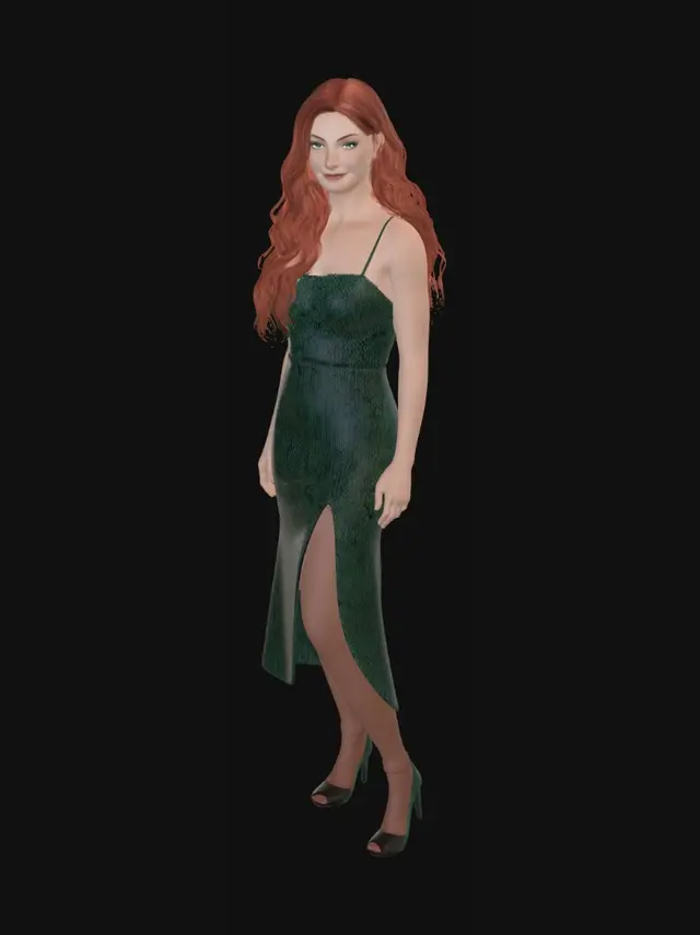 3D model for 一个美得令人窒息的女人，留着一头如瀑布般飘逸、充满活力的红色波浪长发，拥有迷人的祖母绿眼睛，健康的日光浴肌肤