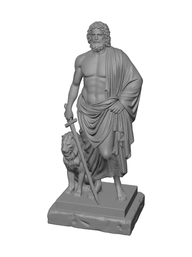 3D model for realistic Greek god zeus stand with his muscles showing and a robe wrapped over one shoulder, he has a sword in one hand which is facing down towards the floor resting on it. there a lion sitting beside him