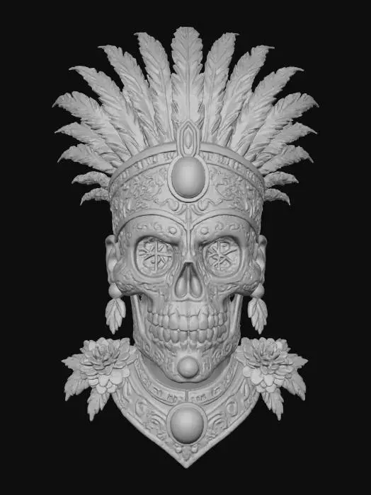 3D model for Holy Aztec Royalty. Aztec-inspired sugar skull mask carved from ancient stone. Deep, vibrant turquoise mineral texture with gold inlay symbols, obsidian accents, sacred runes glowing subtly. Regal feather crown in emerald green and cobalt blue, ornate ceremonial patterns, jaguar and eagle glyphs engraved into cheekbones. Fierce guardian expression, museum-quality sculpted detail, marigold flowers at base, swirling incense smoke, mystical atmosphere, dramatic sacred temple lighting, divine ancestral energy., #Halloween2025#