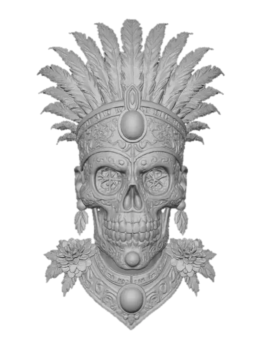3D model for Holy Aztec Royalty. Aztec-inspired sugar skull mask carved from ancient stone. Deep, vibrant turquoise mineral texture with gold inlay symbols, obsidian accents, sacred runes glowing subtly. Regal feather crown in emerald green and cobalt blue, ornate ceremonial patterns, jaguar and eagle glyphs engraved into cheekbones. Fierce guardian expression, museum-quality sculpted detail, marigold flowers at base, swirling incense smoke, mystical atmosphere, dramatic sacred temple lighting, divine ancestral energy., #Halloween2025#