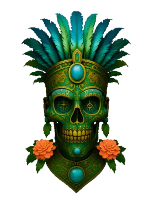 3D model for Holy Aztec Royalty. Aztec-inspired sugar skull mask carved from ancient stone. Deep, vibrant turquoise mineral texture with gold inlay symbols, obsidian accents, sacred runes glowing subtly. Regal feather crown in emerald green and cobalt blue, ornate ceremonial patterns, jaguar and eagle glyphs engraved into cheekbones. Fierce guardian expression, museum-quality sculpted detail, marigold flowers at base, swirling incense smoke, mystical atmosphere, dramatic sacred temple lighting, divine ancestral energy., #Halloween2025#