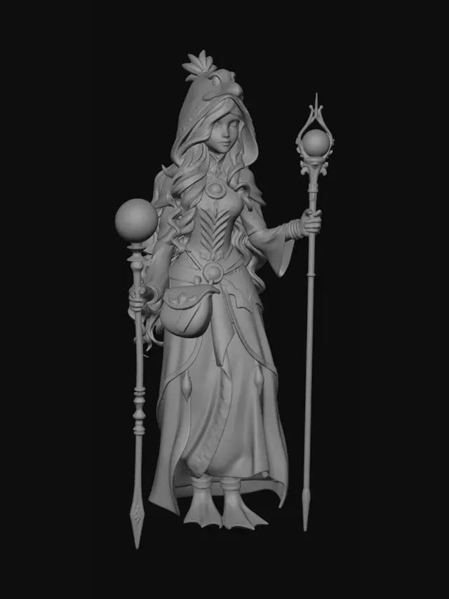 3D model for High quality stylized 3D game character, full body, 360 degree model.

Character name: Ort, Duck Princess.

Cute fantasy duck-girl guardian, young adult female, stylized proportions similar to Genshin Impact, Infinity Nikki, Disney Dreamlight Valley.

Long wavy orange hair, amber eyes, fair skin, friendly face, soft anime features.

Wearing a duck-themed royal hood with a duck beak and small golden crown on top.

Elegant cream and gold dress with simple layered feather patterns, clean silhouette, not overly detailed.

Large feather cape made of stylized duck feathers, readable shape from front, side and back.

Golden belt with small duck-shaped pouch.

Duck-shaped boots with webbed feet design.

Holding a magical staff made of reeds and golden branches with a glass orb containing a small d